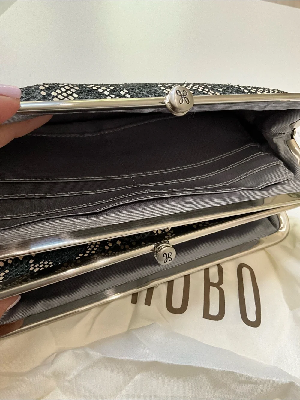HOBO Lauren Black Snakeskin Print Leather Double Frame Clutch Wallet NWT